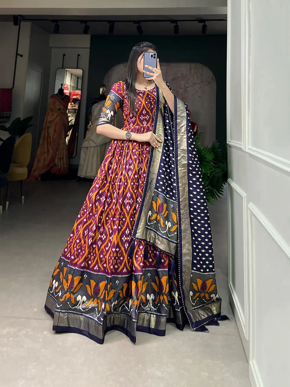 YNF5004 Wine Color Tussar Silk Patola With Foil Print Gown Casual, Wedding, Festive, Events, Designer Party Wear,  Expected Delivery 4-6 Working Days @1999 | Gowns, Bollywood Gowns, Creative Gowns, Designer Gowns, Embroidered Gowns, Party Wear Gowns