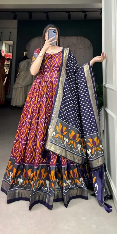 YNF5004 Wine Color Tussar Silk Patola With Foil Print Gown Casual, Wedding, Festive, Events, Designer Party Wear,  Expected Delivery 4-6 Working Days @1999 | Gowns, Bollywood Gowns, Creative Gowns, Designer Gowns, Embroidered Gowns, Party Wear Gowns