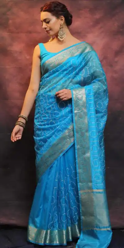 MS 438 Blue Color Nylon Organza Jacquard Multi Embroidered Saree Casual, Party Wear, Wedding, Events, Etc. Expected Delivery 4-6 Working Days 1599/- | Sarees, Bollywood Sarees, Creative Sarees, Designer Sarees, Embroidered Sarees, Ethnic Saree, Modern Digital sarees, Party Wear Sarees
