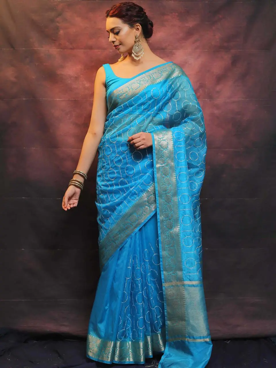 MS 438 Blue Color Nylon Organza Jacquard Multi Embroidered Saree Casual, Party Wear, Wedding, Events, Etc. Expected Delivery 4-6 Working Days 1599/- | Sarees, Bollywood Sarees, Creative Sarees, Designer Sarees, Embroidered Sarees, Ethnic Saree, Modern Digital sarees, Party Wear Sarees