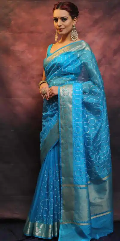 MS 438 Blue Color Nylon Organza Jacquard Multi Embroidered Saree Casual, Party Wear, Wedding, Events, Etc. Expected Delivery 4-6 Working Days 1599/- | Sarees, Bollywood Sarees, Creative Sarees, Designer Sarees, Embroidered Sarees, Ethnic Saree, Modern Digital sarees, Party Wear Sarees