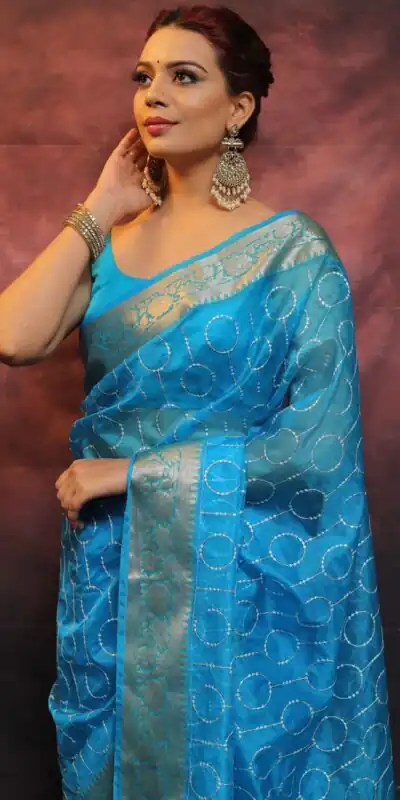 MS 438 Blue Color Nylon Organza Jacquard Multi Embroidered Saree Casual, Party Wear, Wedding, Events, Etc. Expected Delivery 4-6 Working Days 1599/- | Sarees, Bollywood Sarees, Creative Sarees, Designer Sarees, Embroidered Sarees, Ethnic Saree, Modern Digital sarees, Party Wear Sarees