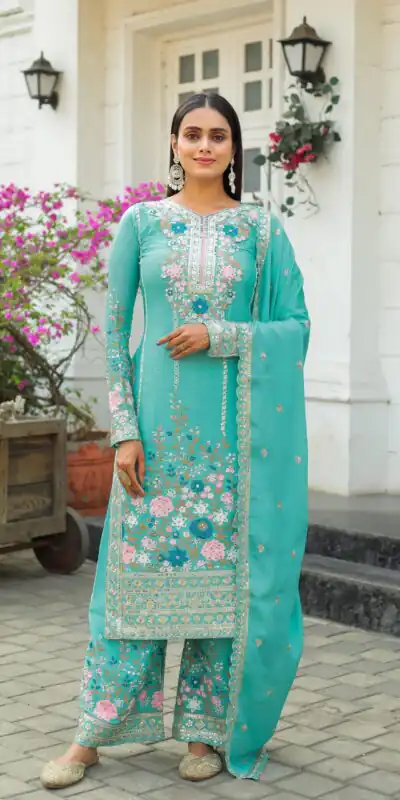 AD140 Cyan Color Chinon Silk Diamond Hand Work Sharara Suit Casual, Wedding, Party, Festive, Events Etc. Expected Delivery 4-6 Working Days @2599/- | Jump Suits, Salwar suit, Designer Suits, Casual Suits, Creative suits, Palazzo Suits, Party Wear Suits, Patiala Suits, Straight Suits