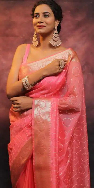 MS 438 Pink Color Nylon Organza Jacquard Multi Embroidered Saree Casual, Party Wear, Wedding, Events, Etc. Expected Delivery 4-6 Working Days 1599/- | Sarees, Bollywood Sarees, Creative Sarees, Designer Sarees, Embroidered Sarees, Ethnic Saree, Modern Digital sarees, Party Wear Sarees