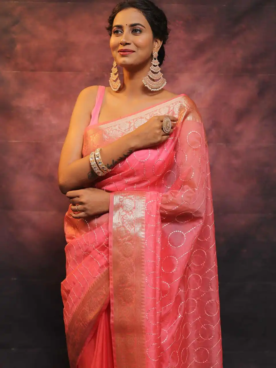 MS 438 Pink Color Nylon Organza Jacquard Multi Embroidered Saree Casual, Party Wear, Wedding, Events, Etc. Expected Delivery 4-6 Working Days 1599/- | Sarees, Bollywood Sarees, Creative Sarees, Designer Sarees, Embroidered Sarees, Ethnic Saree, Modern Digital sarees, Party Wear Sarees