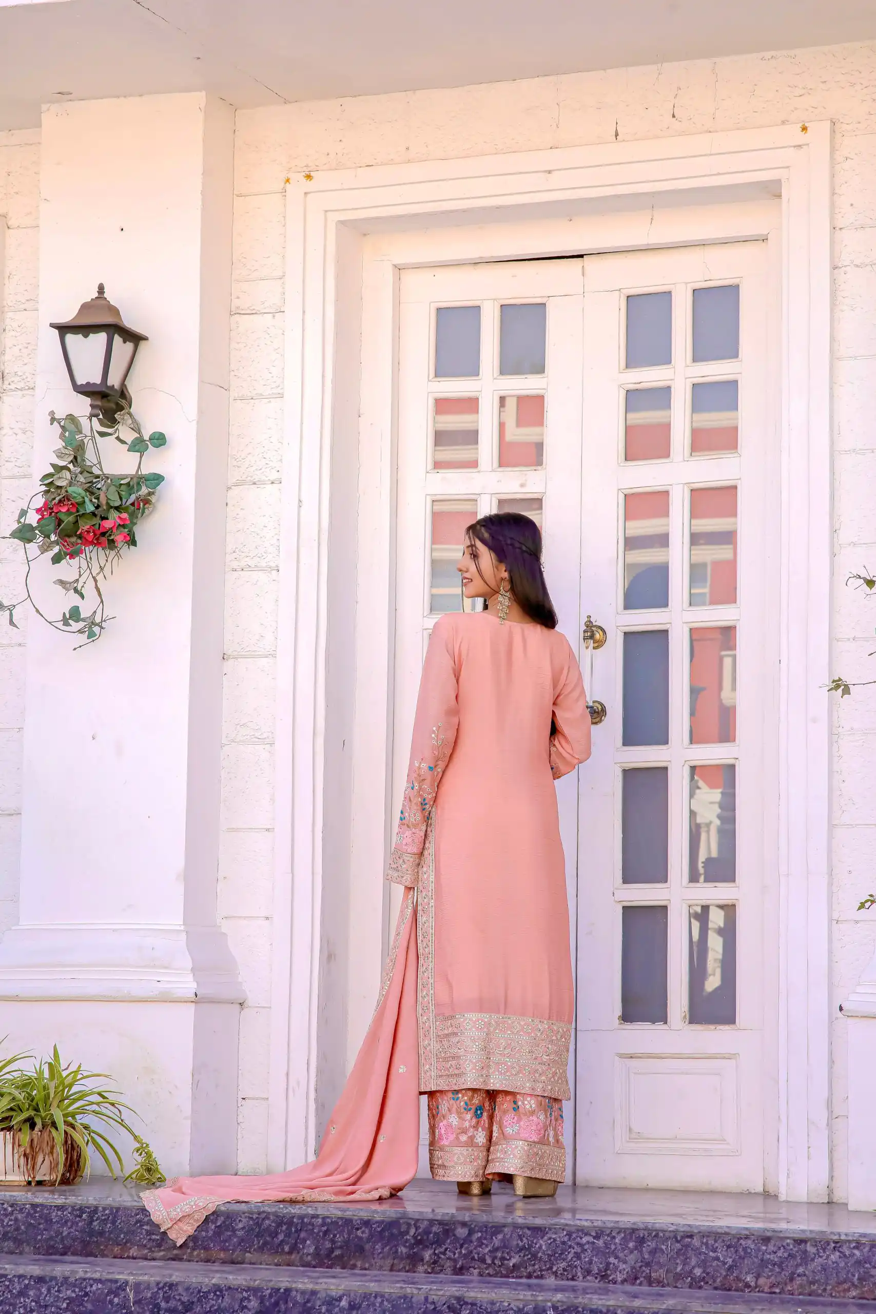 AD140 Salmon  Color Chinon Silk Diamond Hand Work Sharara Suit Casual, Wedding, Party, Festive, Events Etc. Expected Delivery 4-6 Working Days @2599/- | Jump Suits, Salwar suit, Designer Suits, Casual Suits, Creative suits, Palazzo Suits, Party Wear Suits, Patiala Suits, Straight Suits