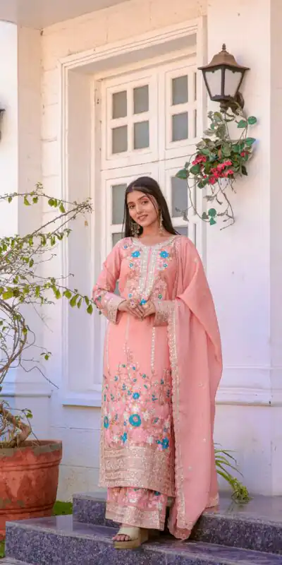 AD140 Salmon  Color Chinon Silk Diamond Hand Work Sharara Suit Casual, Wedding, Party, Festive, Events Etc. Expected Delivery 4-6 Working Days @2599/- | Jump Suits, Salwar suit, Designer Suits, Casual Suits, Creative suits, Palazzo Suits, Party Wear Suits, Patiala Suits, Straight Suits