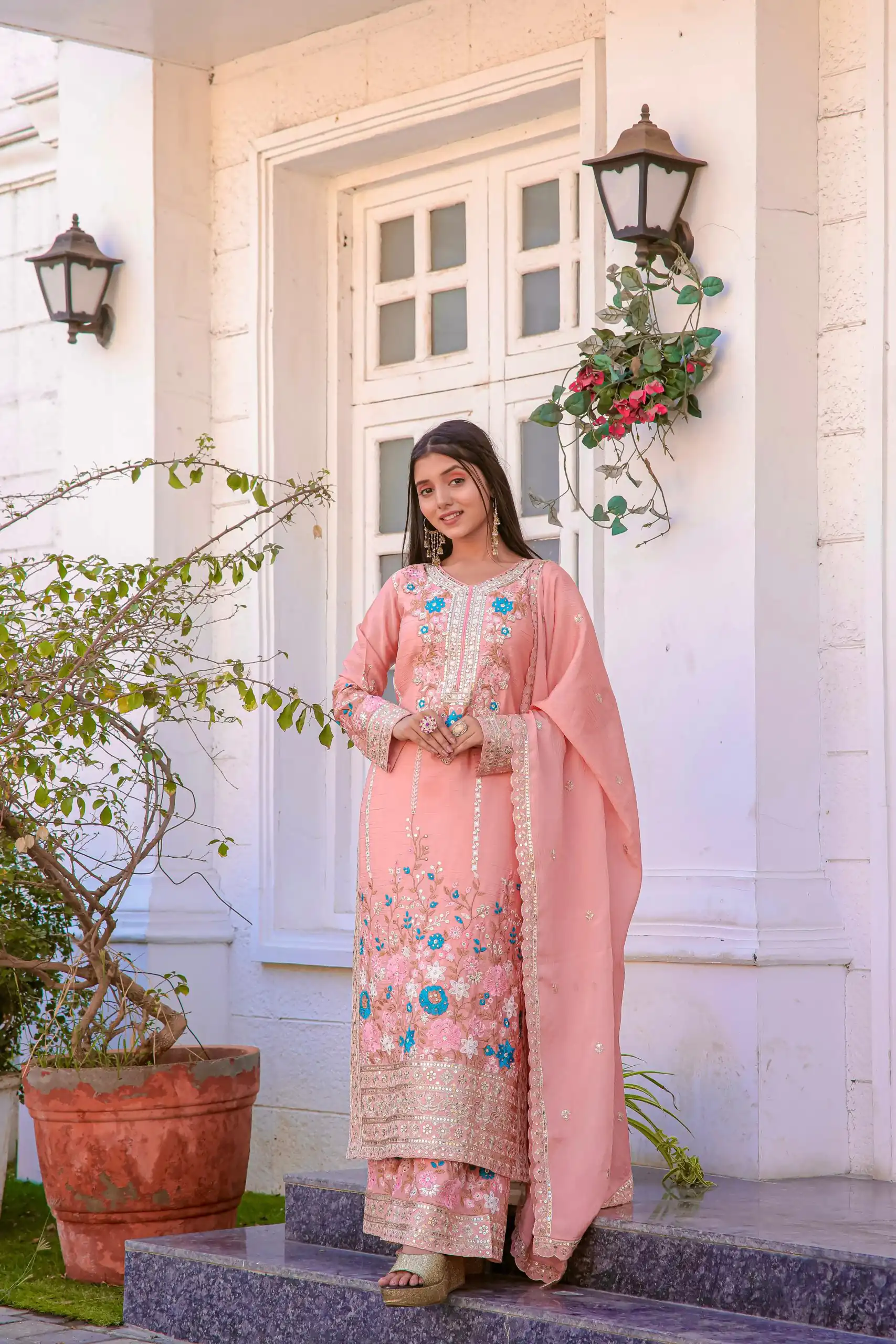 AD140 Salmon  Color Chinon Silk Diamond Hand Work Sharara Suit Casual, Wedding, Party, Festive, Events Etc. Expected Delivery 4-6 Working Days @2599/- | Jump Suits, Salwar suit, Designer Suits, Casual Suits, Creative suits, Palazzo Suits, Party Wear Suits, Patiala Suits, Straight Suits