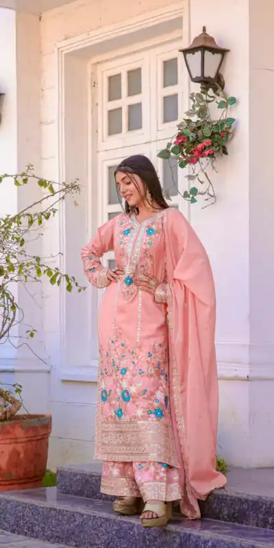 AD140 Salmon Color Chinon Silk Diamond Hand Work Sharara Suit Casual, Wedding, Party, Festive, Events Etc. Expected Delivery 4-6 Working Days @2599/- | Jump Suits, Salwar suit, Designer Suits, Casual Suits, Creative suits, Palazzo Suits, Party Wear Suits, Patiala Suits, Straight Suits
