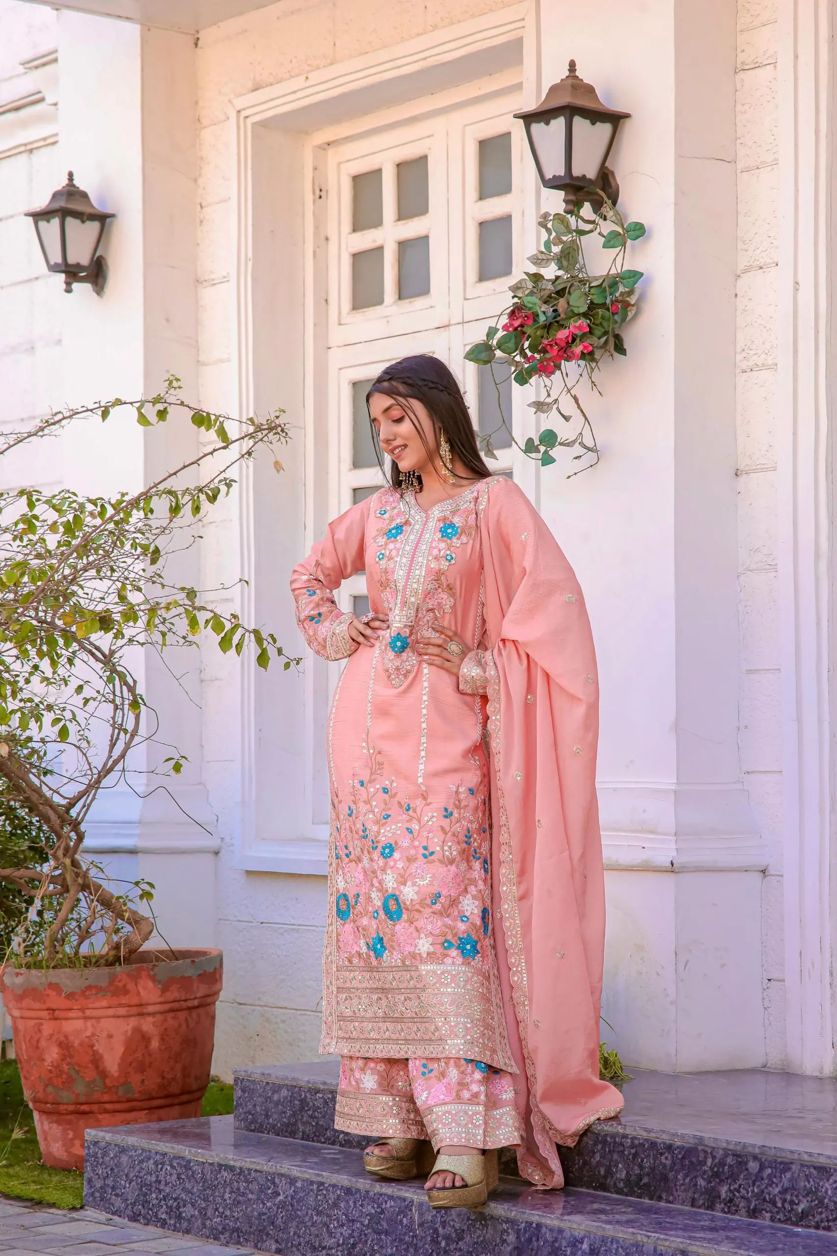 AD140 Salmon  Color Chinon Silk Diamond Hand Work Sharara Suit Casual, Wedding, Party, Festive, Events Etc. Expected Delivery 4-6 Working Days @2599/- | Jump Suits, Salwar suit, Designer Suits, Casual Suits, Creative suits, Palazzo Suits, Party Wear Suits, Patiala Suits, Straight Suits