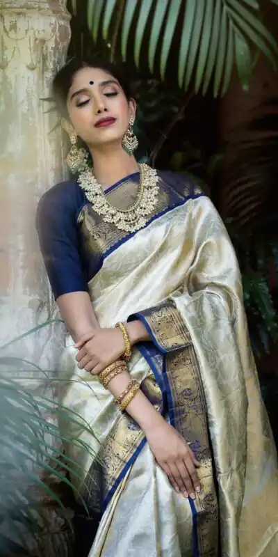 KP 3045 White & Blue Color Soft Lichi Silk Jacquard Work Saree Casual, Party Wear, Wedding, Events Etc. Expected Delivery 4-6 Working Days @1449/- | Sarees, Bollywood Sarees, Creative Sarees, Designer Sarees, Embroidered Sarees, Ethnic Saree, Modern Digital sarees, Party Wear Sarees