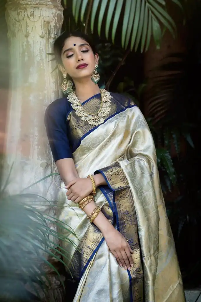 KP 3045 White & Blue Color Soft Lichi Silk Jacquard Work Saree Casual, Party Wear, Wedding, Events Etc. Expected Delivery 4-6 Working Days @1449/- | Sarees, Bollywood Sarees, Creative Sarees, Designer Sarees, Embroidered Sarees, Ethnic Saree, Modern Digital sarees, Party Wear Sarees