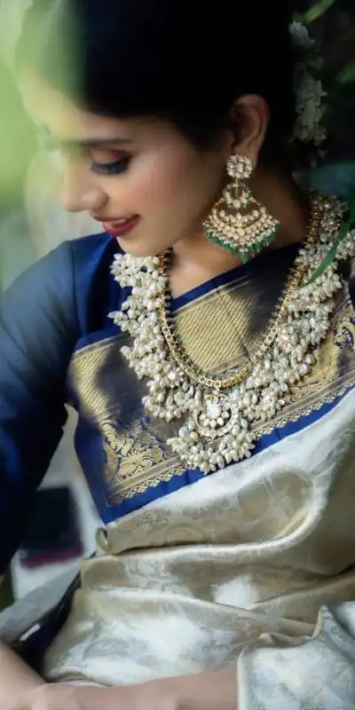 KP 3045 White & Blue Color Soft Lichi Silk Jacquard Work Saree Casual, Party Wear, Wedding, Events Etc. Expected Delivery 4-6 Working Days @1449/- | Sarees, Bollywood Sarees, Creative Sarees, Designer Sarees, Embroidered Sarees, Ethnic Saree, Modern Digital sarees, Party Wear Sarees