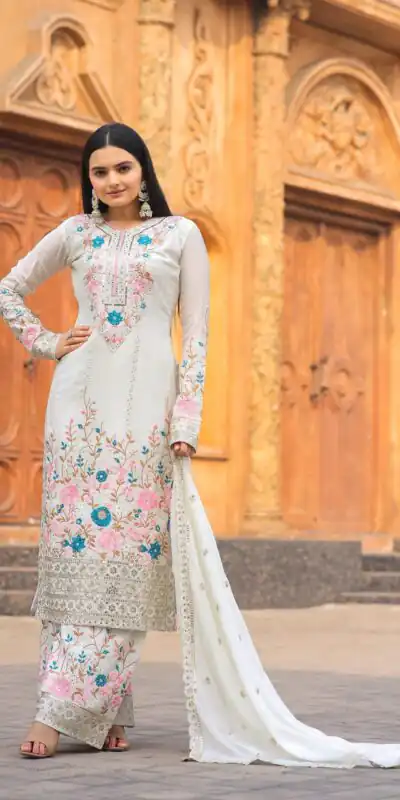 AD140 White Color Chinon Silk Diamond Hand Work Sharara Suit Casual, Wedding, Party, Festive, Events Etc. Expected Delivery 4-6 Working Days @2599/- | Jump Suits, Salwar suit, Designer Suits, Casual Suits, Creative suits, Palazzo Suits, Party Wear Suits, Patiala Suits, Straight Suits