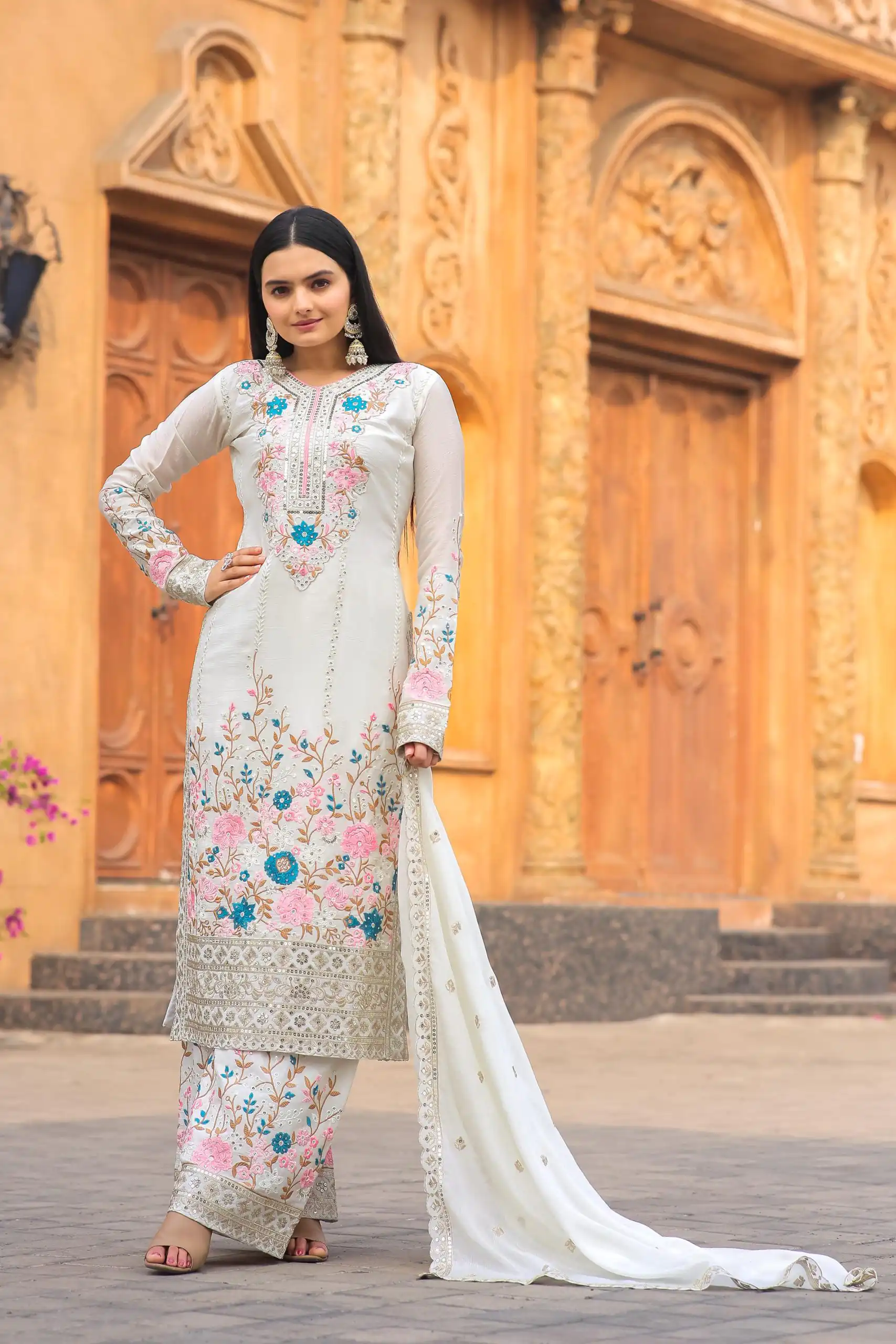 AD140 White Color Chinon Silk Diamond Hand Work Sharara Suit Casual, Wedding, Party, Festive, Events Etc. Expected Delivery 4-6 Working Days @2599/- | Jump Suits, Salwar suit, Designer Suits, Casual Suits, Creative suits, Palazzo Suits, Party Wear Suits, Patiala Suits, Straight Suits