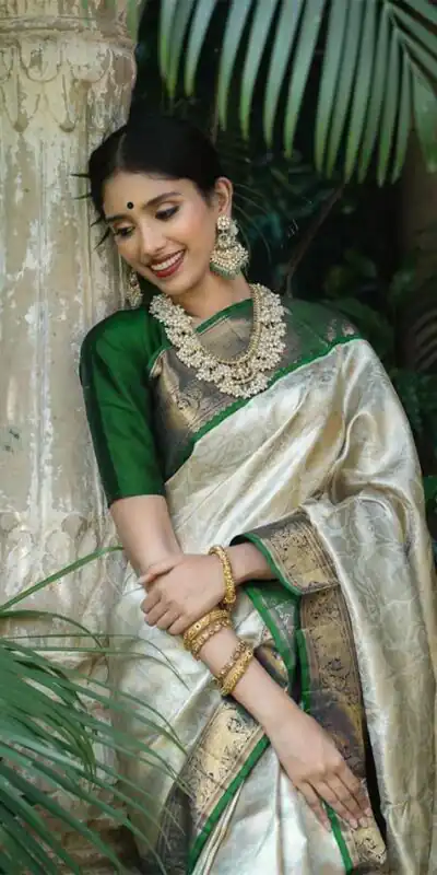 KP 3045 White & Green Color Soft Lichi Silk Jacquard Work Saree Casual, Party Wear, Wedding, Events Etc. Expected Delivery 4-6 Working Days @1449/- | Sarees, Bollywood Sarees, Creative Sarees, Designer Sarees, Embroidered Sarees, Ethnic Saree, Modern Digital sarees, Party Wear Sarees