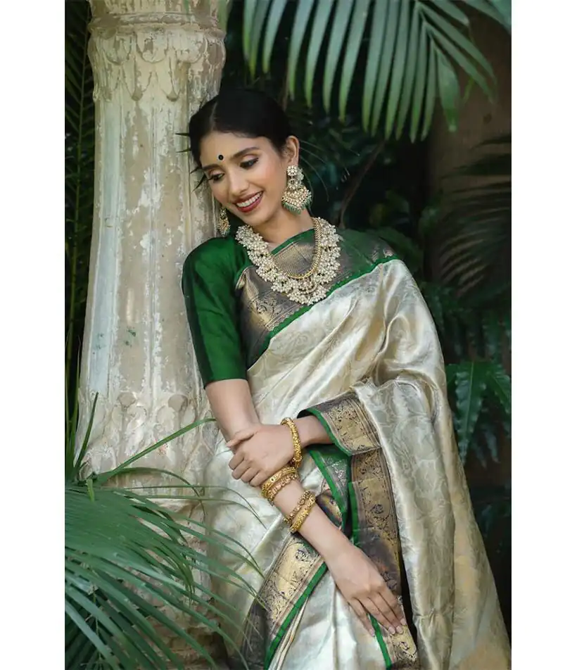 KP 3045 White & Green Color Soft Lichi Silk Jacquard Work Saree Casual, Party Wear, Wedding, Events Etc. Expected Delivery 4-6 Working Days @1449/- | Sarees, Bollywood Sarees, Creative Sarees, Designer Sarees, Embroidered Sarees, Ethnic Saree, Modern Digital sarees, Party Wear Sarees