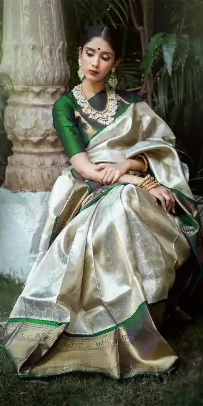 KP 3045 White & Green Color Soft Lichi Silk Jacquard Work Saree Casual, Party Wear, Wedding, Events Etc. Expected Delivery 4-6 Working Days @1449/- | Sarees, Bollywood Sarees, Creative Sarees, Designer Sarees, Embroidered Sarees, Ethnic Saree, Modern Digital sarees, Party Wear Sarees
