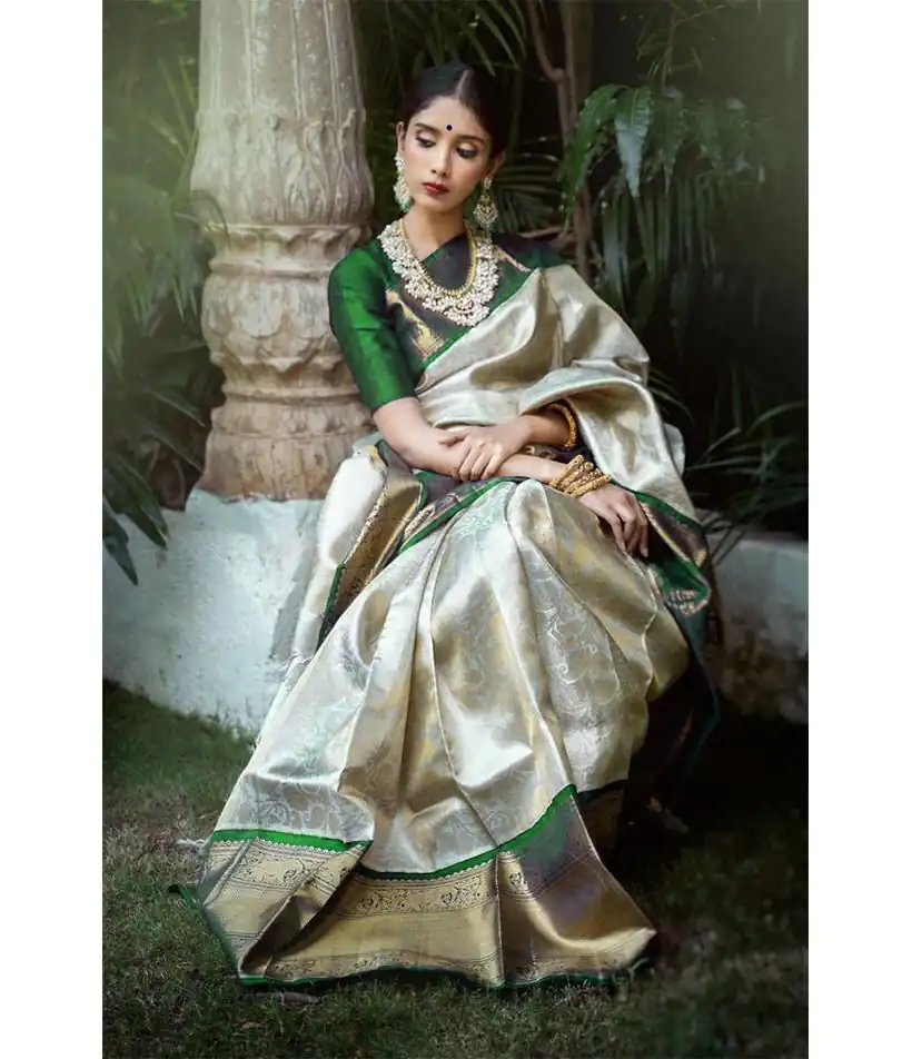 KP 3045 White & Green Color Soft Lichi Silk Jacquard Work Saree Casual, Party Wear, Wedding, Events Etc. Expected Delivery 4-6 Working Days @1449/- | Sarees, Bollywood Sarees, Creative Sarees, Designer Sarees, Embroidered Sarees, Ethnic Saree, Modern Digital sarees, Party Wear Sarees