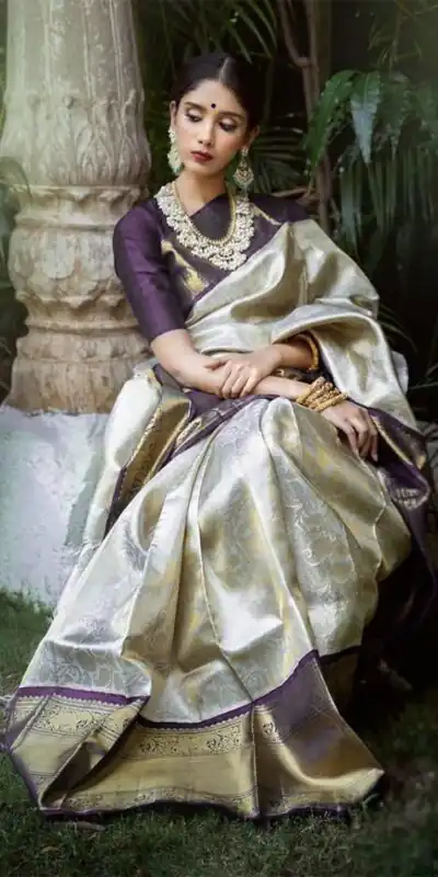 KP 3045 White & Purple Color Soft Lichi Silk Jacquard Work Saree Casual, Party Wear, Wedding, Events Etc. Expected Delivery 4-6 Working Days @1449/- | Sarees, Bollywood Sarees, Creative Sarees, Designer Sarees, Embroidered Sarees, Ethnic Saree, Modern Digital sarees, Party Wear Sarees