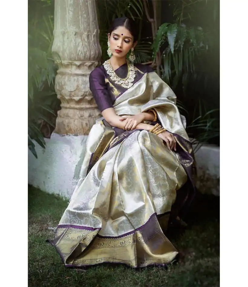 KP 3045 White & Purple Color Soft Lichi Silk Jacquard Work Saree Casual, Party Wear, Wedding, Events Etc. Expected Delivery 4-6 Working Days @1449/- | Sarees, Bollywood Sarees, Creative Sarees, Designer Sarees, Embroidered Sarees, Ethnic Saree, Modern Digital sarees, Party Wear Sarees