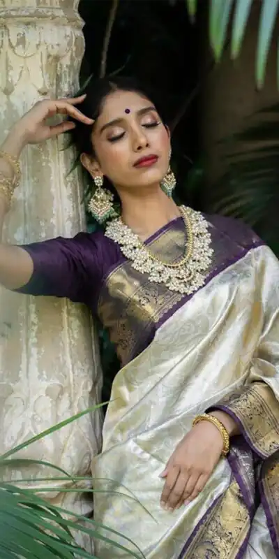 KP 3045 White & Purple Color Soft Lichi Silk Jacquard Work Saree Casual, Party Wear, Wedding, Events Etc. Expected Delivery 4-6 Working Days @1449/- | Sarees, Bollywood Sarees, Creative Sarees, Designer Sarees, Embroidered Sarees, Ethnic Saree, Modern Digital sarees, Party Wear Sarees