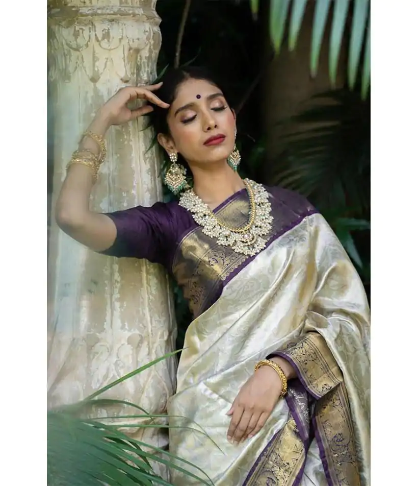 KP 3045 White & Purple Color Soft Lichi Silk Jacquard Work Saree Casual, Party Wear, Wedding, Events Etc. Expected Delivery 4-6 Working Days @1449/- | Sarees, Bollywood Sarees, Creative Sarees, Designer Sarees, Embroidered Sarees, Ethnic Saree, Modern Digital sarees, Party Wear Sarees