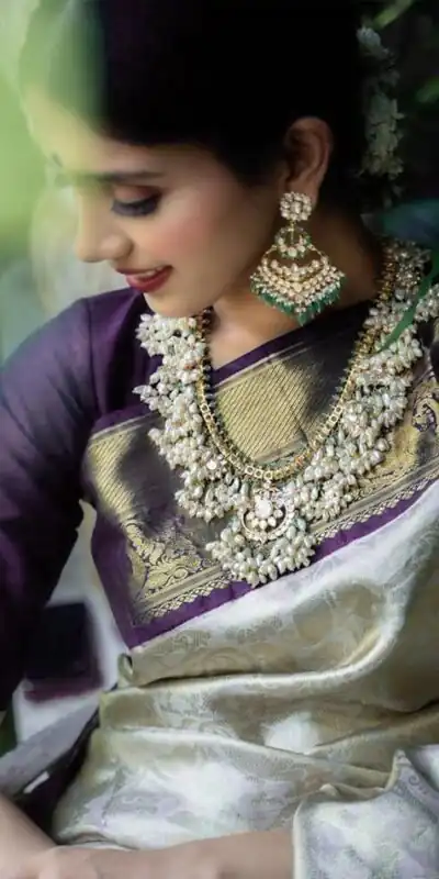 KP 3045 White & Purple Color Soft Lichi Silk Jacquard Work Saree Casual, Party Wear, Wedding, Events Etc. Expected Delivery 4-6 Working Days @1449/- | Sarees, Bollywood Sarees, Creative Sarees, Designer Sarees, Embroidered Sarees, Ethnic Saree, Modern Digital sarees, Party Wear Sarees