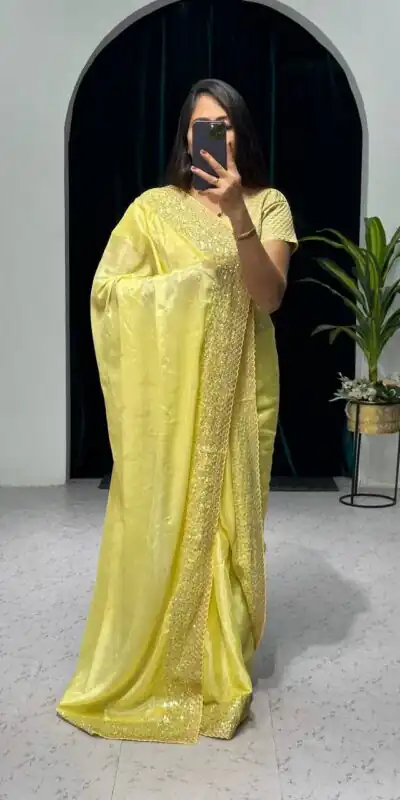 ST 465 Yellow Color Chinon Sequins & Zari Embroidery Work Saree Casual, Wedding, Party, Festive, Events Etc. Expected Delivery 4-6 Working Days @1999/- | Sarees, Bollywood Sarees, Creative Sarees, Designer Sarees, Embroidered Sarees, Ethnic Saree, Modern Digital sarees, Party Wear Sarees