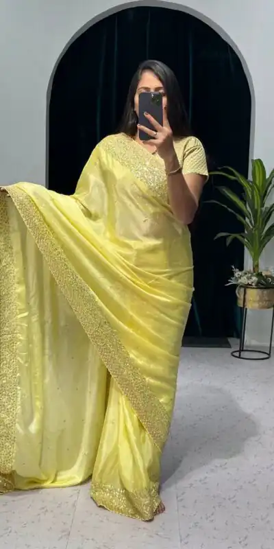 ST 465 Yellow Color Chinon Sequins & Zari Embroidery Work Saree Casual, Wedding, Party, Festive, Events Etc. Expected Delivery 4-6 Working Days @1999/- | Sarees, Bollywood Sarees, Creative Sarees, Designer Sarees, Embroidered Sarees, Ethnic Saree, Modern Digital sarees, Party Wear Sarees