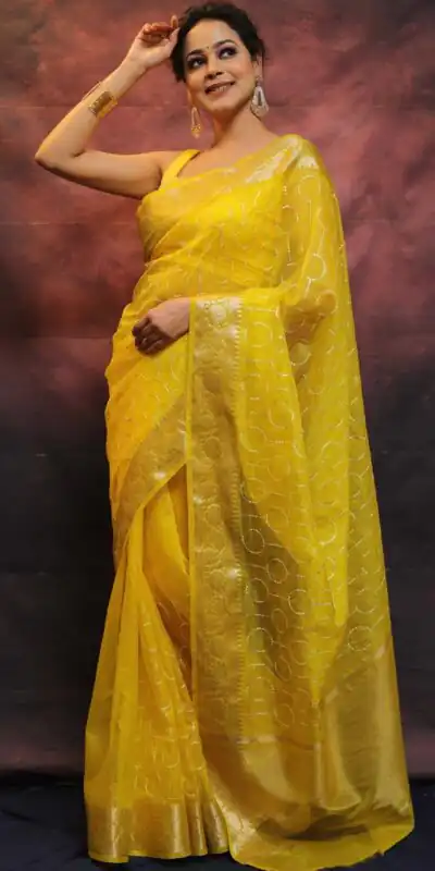 MS 438 Yellow Color Nylon Organza Jacquard Multi Embroidered Saree Casual, Party Wear, Wedding, Events, Etc. Expected Delivery 4-6 Working Days 1599/- | Sarees, Bollywood Sarees, Creative Sarees, Designer Sarees, Embroidered Sarees, Ethnic Saree, Modern Digital sarees, Party Wear Sarees