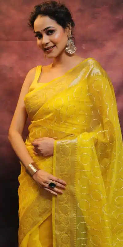 MS 438 Yellow Color Nylon Organza Jacquard Multi Embroidered Saree Casual, Party Wear, Wedding, Events, Etc. Expected Delivery 4-6 Working Days 1599/- | Sarees, Bollywood Sarees, Creative Sarees, Designer Sarees, Embroidered Sarees, Ethnic Saree, Modern Digital sarees, Party Wear Sarees