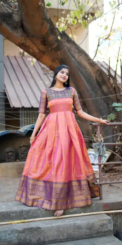 YNF5311Pink Color Kanjivaram Silk Zari Weaving Work Gown Casual, Wedding, Festive, Events, Designer Party Wear,  Expected Delivery 4-6 Working Days @1699 | Gowns, Bollywood Gowns, Creative Gowns, Designer Gowns, Embroidered Gowns, Party Wear Gowns