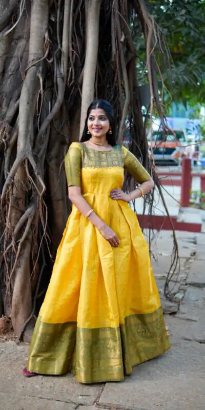 YNF5311 Yellow Color Kanjivaram Silk Zari Weaving Work Gown Casual, Wedding, Festive, Events, Designer Party Wear,  Expected Delivery 4-6 Working Days @1699 | Gowns, Bollywood Gowns, Creative Gowns, Designer Gowns, Embroidered Gowns, Party Wear Gowns