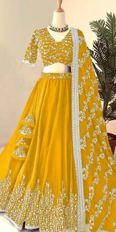 ZF 358 Yellow Color Faux Georgette With Heavy Embroidery Sequence Work Lehenga Choli Wedding, Party, Events Etc. Expected Delivery 4-6 Working Days 2099/- | Lehenga, Bollywood Lehenga, Creative Lehenga, Designer Lehenga, Embroidered Lehenga, Party Wear Lehenga
