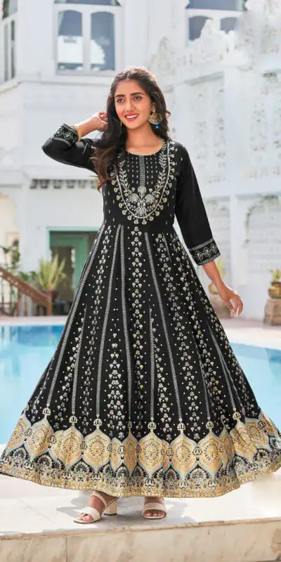 INLI Anarkali Black Color Heavy 14 Kg Rayon Printed Work Kurti Casual, Wedding, Party, Festive, Events Etc. Expected Delivery 4-6 Working Days @1699/- | Kurti, Bollywood Kurti, Creative Kurtis, Designer Kurti, Party Wear Kurti, Selfie Kurti