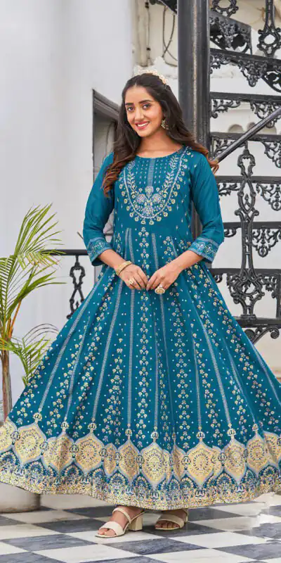 INLI Anarkali Blue Color Heavy 14 Kg Rayon Printed Work Kurti Casual, Wedding, Party, Festive, Events Etc. Expected Delivery 4-6 Working Days @1699/- | Kurti, Bollywood Kurti, Creative Kurtis, Designer Kurti, Party Wear Kurti, Selfie Kurti