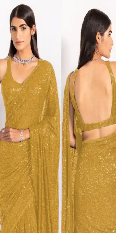 KT 250 Golden Color Georgette Fancy Sequence Work Saree Blouse: Bangalore Silk Casual, Party Wear, Wedding   Expected Delivery 4-6 Working Days@1799/- | Sarees, Bollywood Sarees, Creative Sarees, Designer Sarees, Embroidered Sarees, Party Wear Sarees