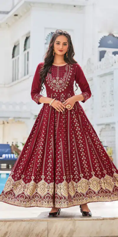 INLI Anarkali Red Color Heavy 14 Kg Rayon Printed Work Kurti Casual, Wedding, Party, Festive, Events Etc. Expected Delivery 4-6 Working Days @1699/- | Kurti, Bollywood Kurti, Creative Kurtis, Designer Kurti, Party Wear Kurti, Selfie Kurti