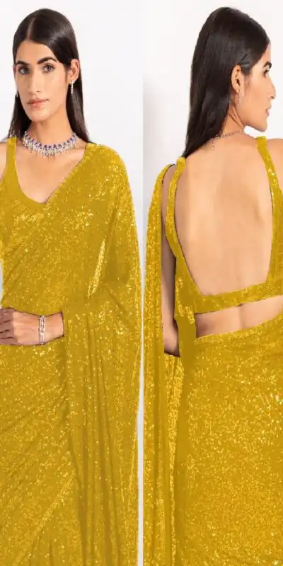 KT 250 Yellow Color Georgette Fancy Sequence Work Saree Blouse: Bangalore Silk Casual, Party Wear, Wedding   Expected Delivery 4-6 Working Days@1799/- | Sarees, Bollywood Sarees, Creative Sarees, Designer Sarees, Embroidered Sarees, Party Wear Sarees