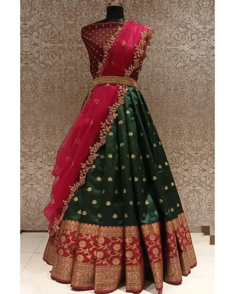 MS 77 Green Color Kanjivaram Silk Jacquard Zari Work Lehenga Choli Casual, Party Wear, Wedding, Events, Etc. Expected Delivery 4-6 Working Days 1499/- | Lehenga, Bollywood Lehenga, Creative Lehenga, Designer Lehenga, Embroidered Lehenga, Party Wear Lehenga