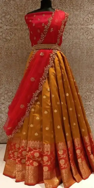 MS 77 Orange Color Kanjivaram Silk Jacquard Zari Work Lehenga Choli Casual, Party Wear, Wedding, Events, Etc. Expected Delivery 4-6 Working Days 1499/- | Lehenga, Bollywood Lehenga, Creative Lehenga, Designer Lehenga, Embroidered Lehenga, Party Wear Lehenga