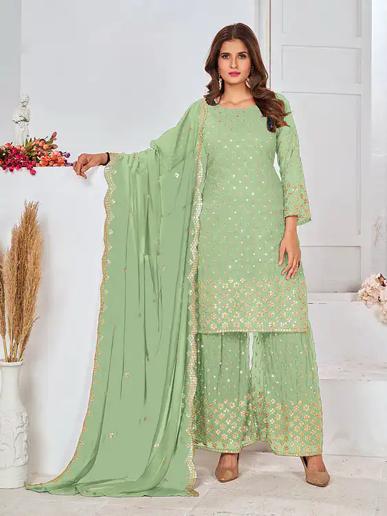 FC 5609 Pista Green Color Cute Light Green Color Georgette Embroidery Stone Sharara Suit Wedding, Party, Festive Expected Delivery 4-6 Working Days @2199/- | Jump Suits, Salwar suit, Designer Suits, Casual Suits, Creative suits, Palazzo Suits, Party Wear Suits, Patiala Suits, Straight Suits