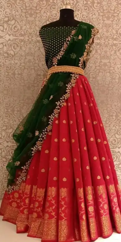 MS 77 Red Color Kanjivaram Silk Jacquard Zari Work Lehenga Choli Casual, Party Wear, Wedding, Events, Etc. Expected Delivery 4-6 Working Days 1499/- | Lehenga, Bollywood Lehenga, Creative Lehenga, Designer Lehenga, Embroidered Lehenga, Party Wear Lehenga