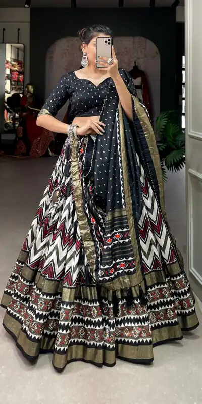 LNB1683 Black Color Tussar Silk Leheriya Foil Print Lehenga Choli Gotta Patti Lace Festive Party Wedding, Events etc. Delivery 4-6 Working Days @2199 | Lehenga, Bollywood Lehenga, Creative Lehenga, Designer Lehenga, Embroidered Lehenga, Party Wear Lehenga
