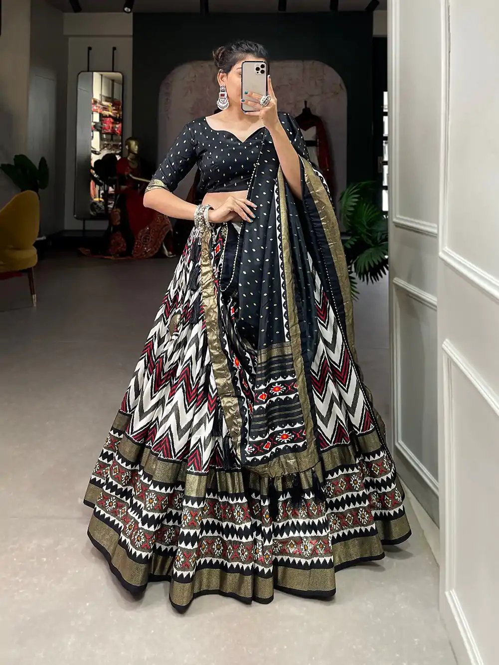 LNB1683 Black Color Tussar Silk Leheriya Foil Print Lehenga Choli Gotta Patti Lace Festive Party Wedding, Events etc. Delivery 4-6 Working Days @2199 | Lehenga, Bollywood Lehenga, Creative Lehenga, Designer Lehenga, Embroidered Lehenga, Party Wear Lehenga