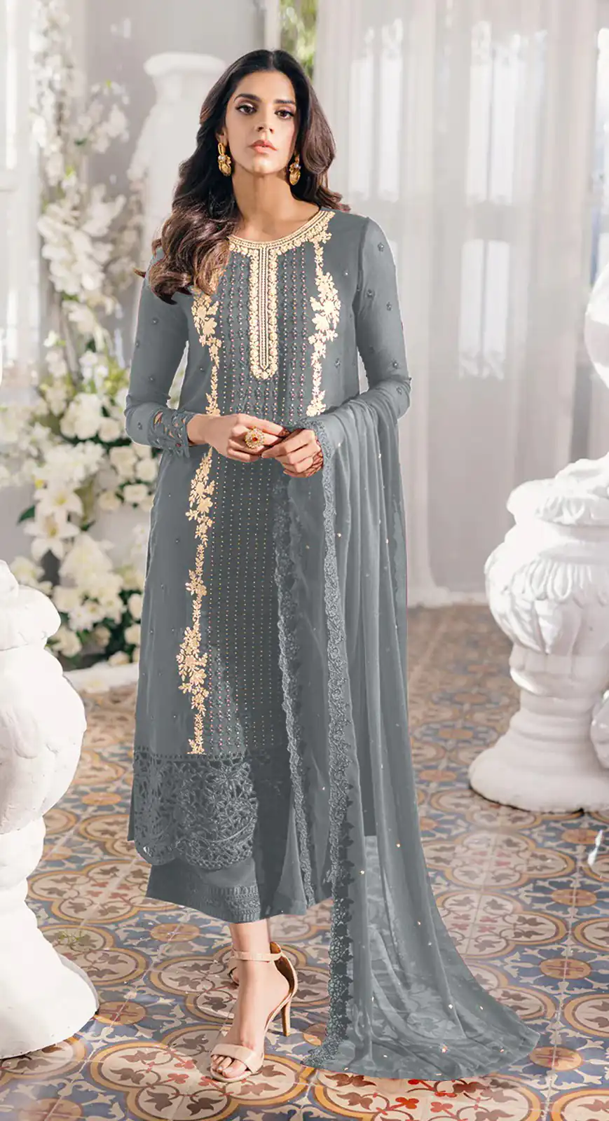 FC Mariya 1032 Grey Heavy Georgette Embroidery Anarkali Suit Wedding, Party, Festive events, etc. Expected Delivery  4-6 Working Days @1949/- Only | Anarkali Suits, Bollywood Anarkali, Creative-Anarkali, Designer Anarkali, Embroidered Anarkali, Party Wear Anarkali