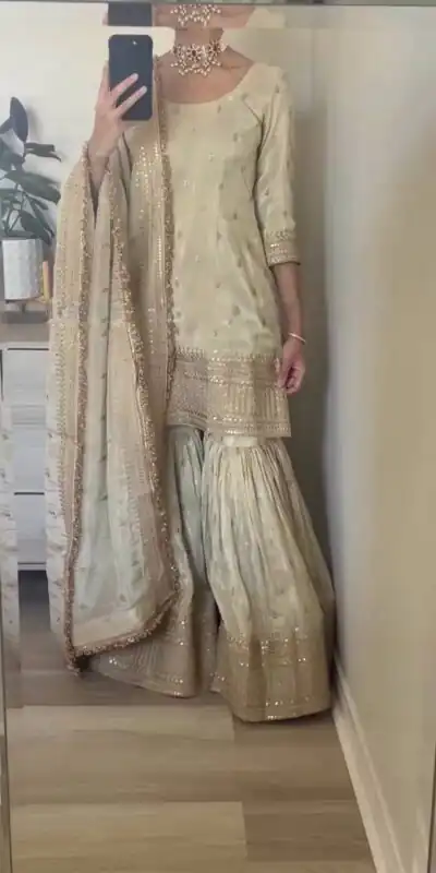 SRK-5143 Off White Color Pure Chinnon Silk Embroidery Sequence Salwar Suit Wedding, Party, Festive, Events Expected Delivery 4-6 Working Days @ 2150/- | Jump Suits, Salwar suit, Designer Suits, Casual Suits, Creative suits, Palazzo Suits, Party Wear Suits, Patiala Suits, Straight Suits