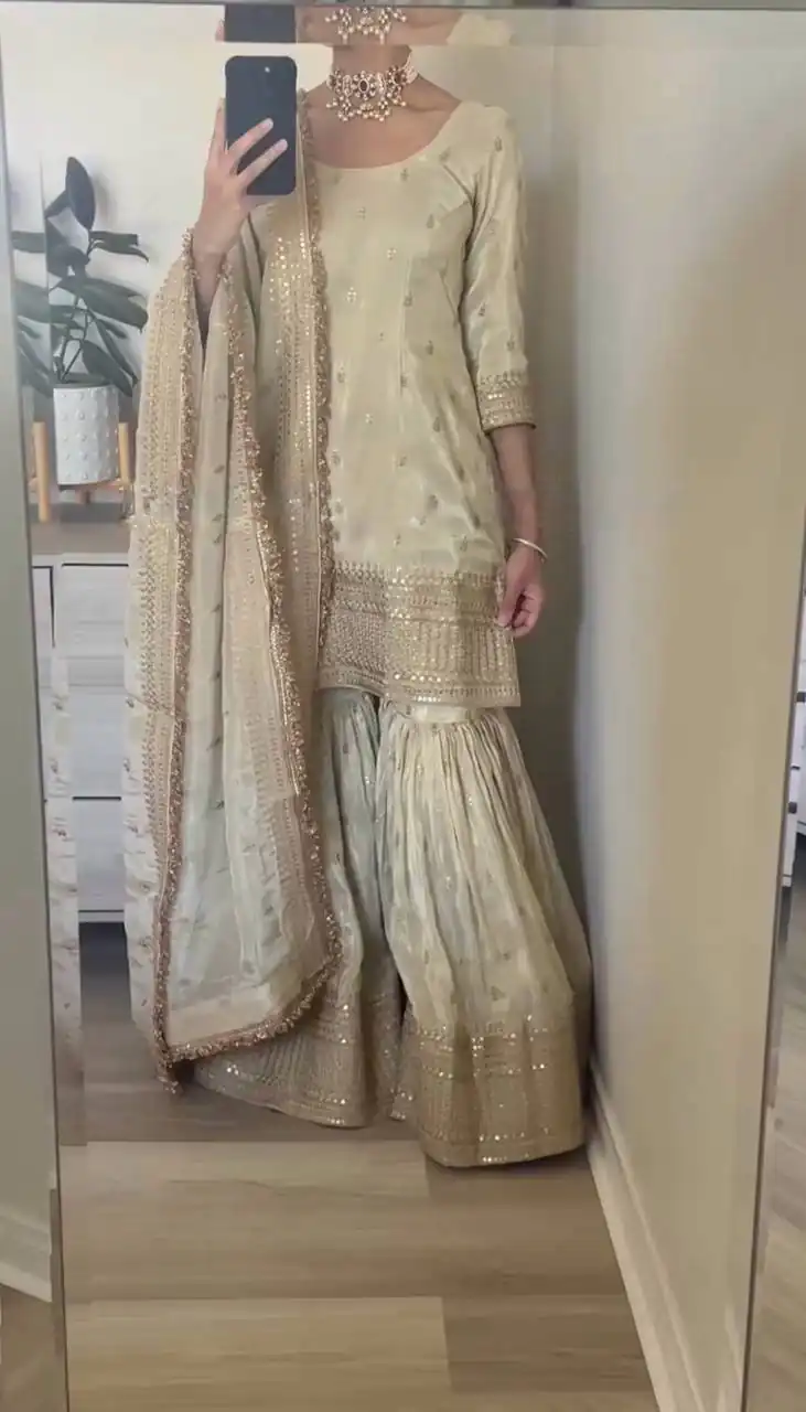 SRK-5143 Off White Color Pure Chinnon Silk Embroidery Sequence Salwar Suit Wedding, Party, Festive, Events Expected Delivery 4-6 Working Days @ 2150/- | Jump Suits, Salwar suit, Designer Suits, Casual Suits, Creative suits, Palazzo Suits, Party Wear Suits, Patiala Suits, Straight Suits