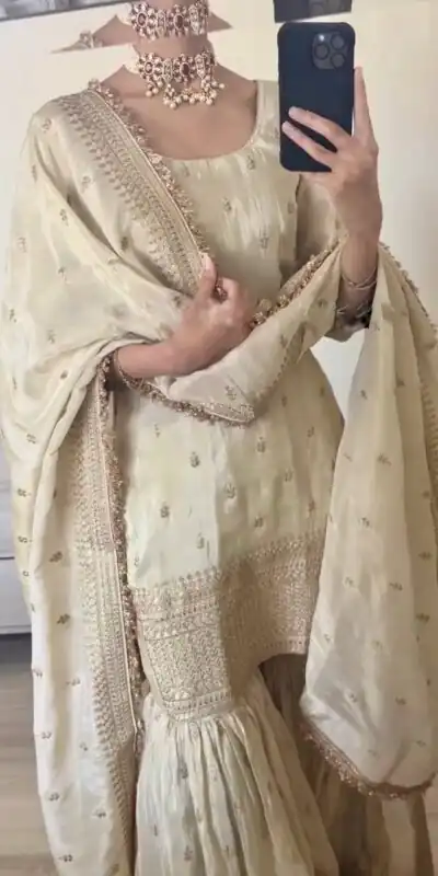 SRK-5143 Off White Color Pure Chinnon Silk Embroidery Sequence Salwar Suit Wedding, Party, Festive, Events Expected Delivery 4-6 Working Days @ 2150/- | Jump Suits, Salwar suit, Designer Suits, Casual Suits, Creative suits, Palazzo Suits, Party Wear Suits, Patiala Suits, Straight Suits